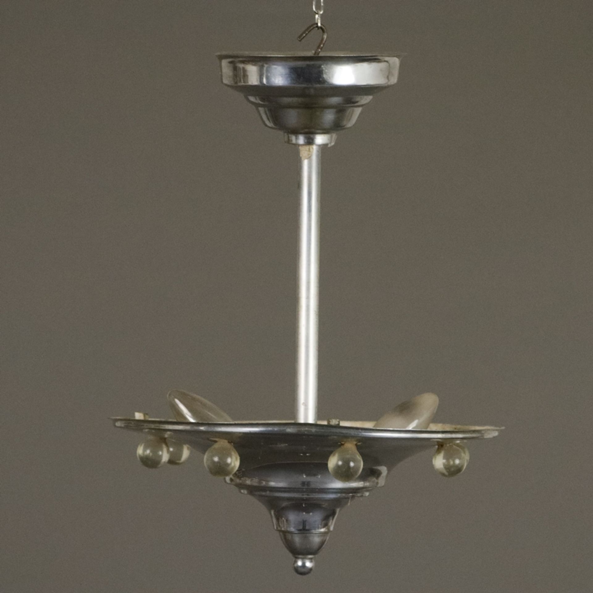 Art Déco-Deckenlampe - wohl Frankreich um 1920/30, trichterförmige Metallschale mit umlaufendem Gla