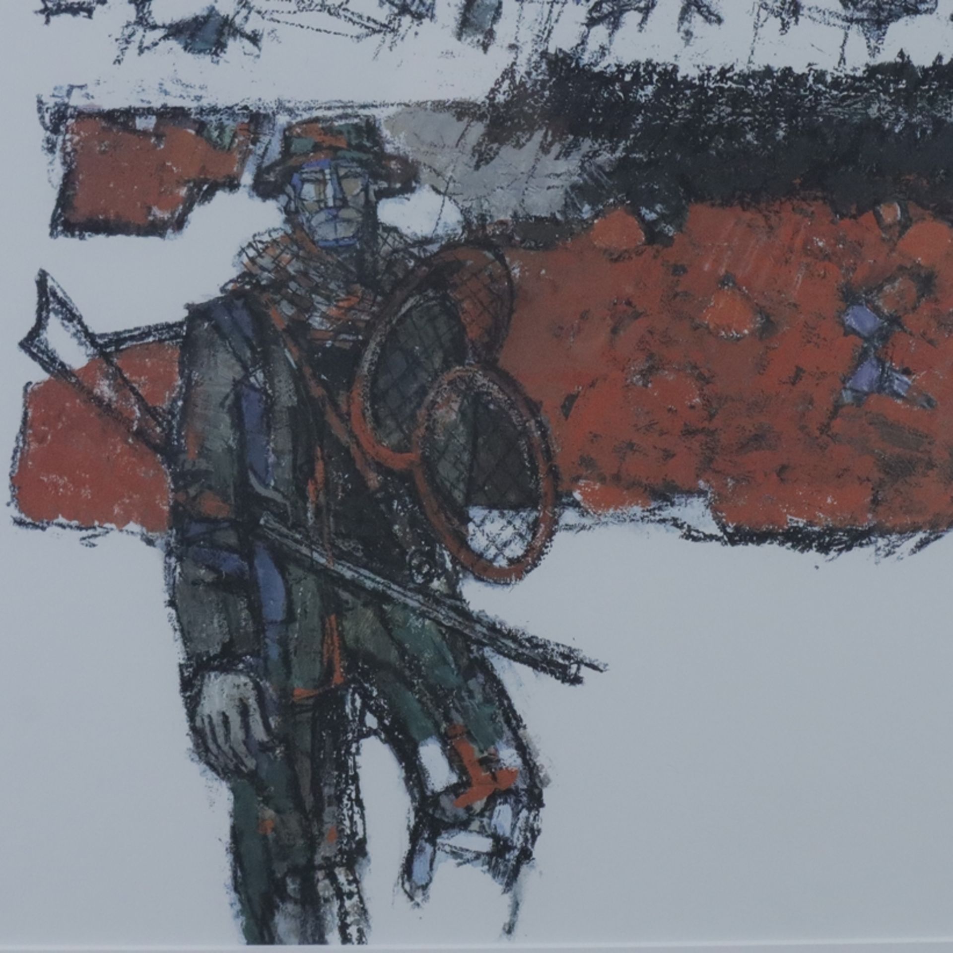 Mirer, Rudolf (*1937 Chur, ein Schweizer Maler und Grafiker) - Graubündner Jäger im Winter, 1990, F - Bild 3 aus 5
