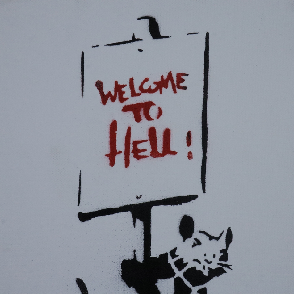 Banksy - "Dismal Canvas" mit Motiv "Welcome to Hell", 2015, Souvenir aus der Ausstellung "Dismaland - Image 3 of 7