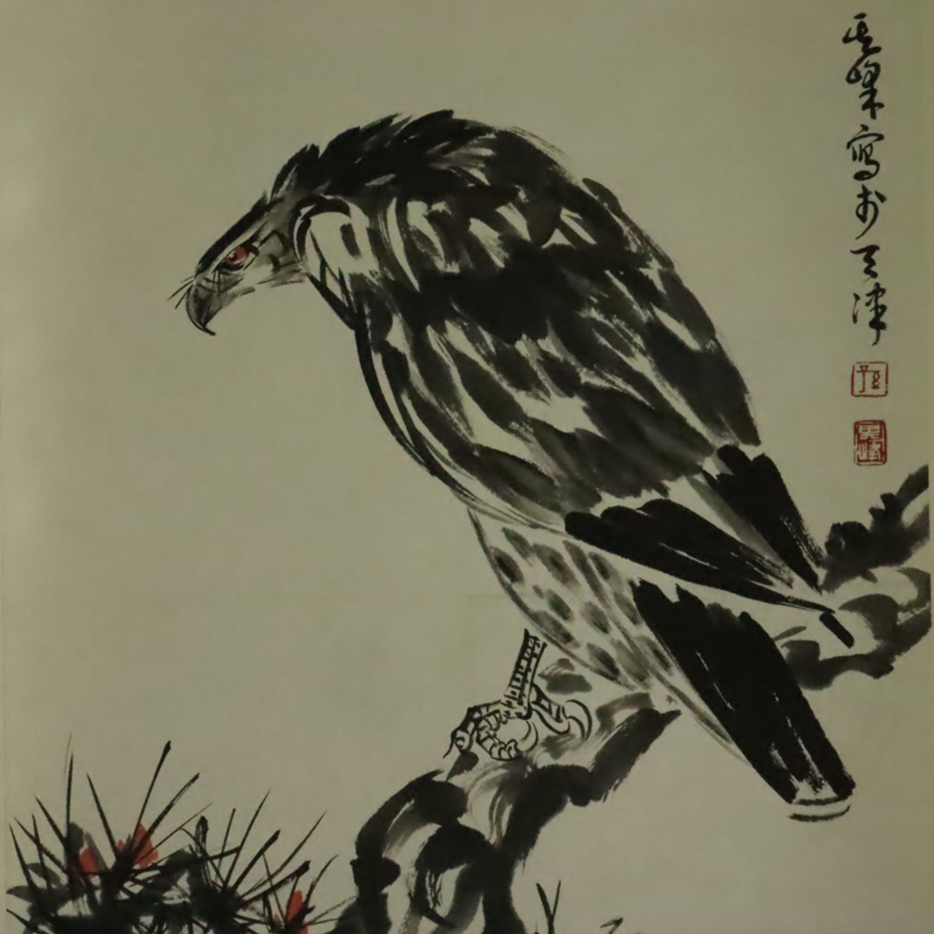 Chinesisches Rollbild - Adler, nach Sun Qifeng, Tusche und Farben auf Papier, in chinesischer Kalli - Image 3 of 8
