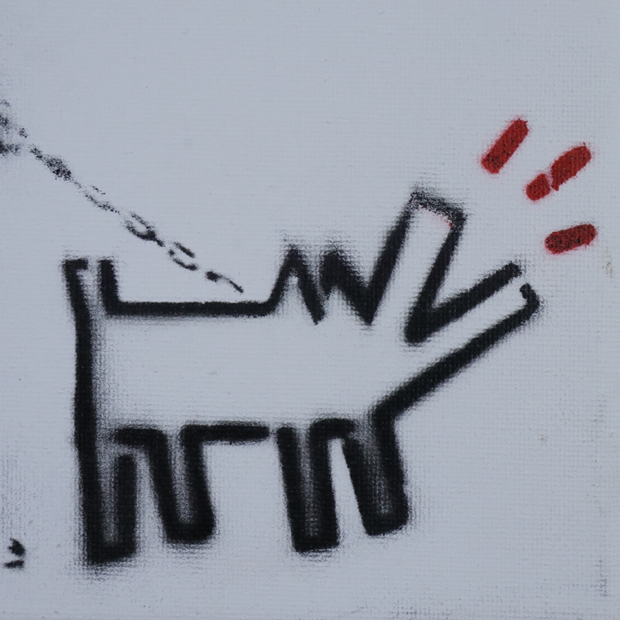 Banksy - "Dismal Canvas" mit Motiv "Haring Dog", 2015, Souvenir aus der Ausstellung "Dismaland" in - Image 3 of 5