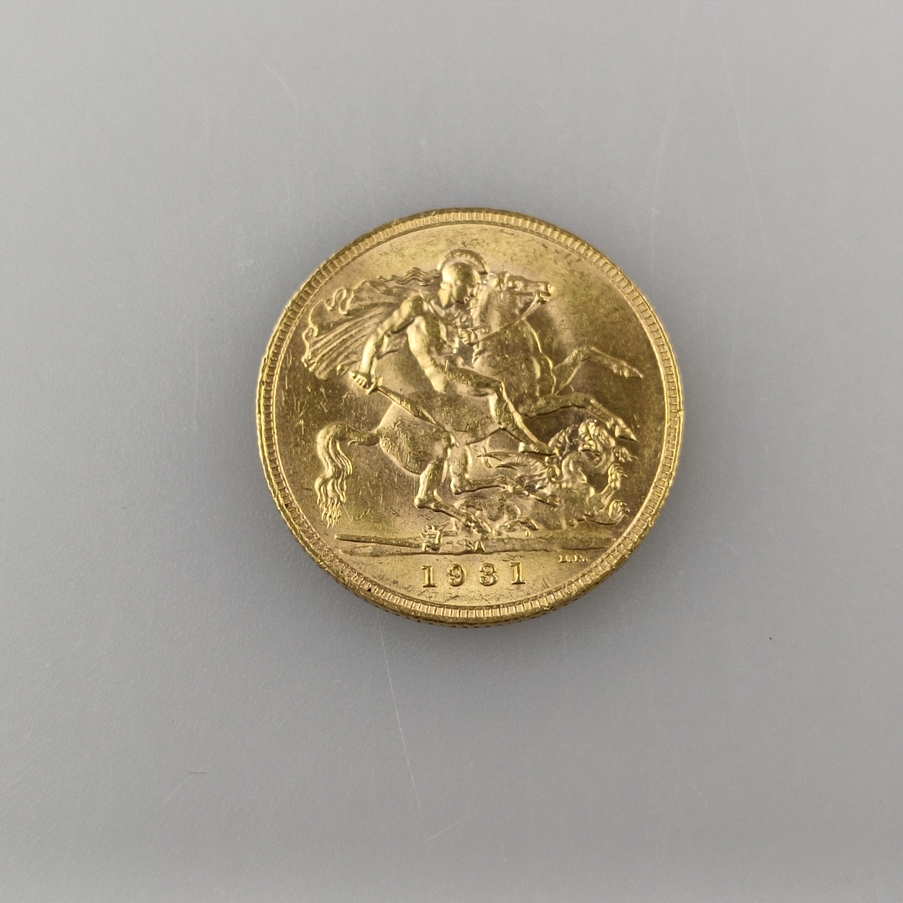 Goldmünze Sovereign 1931 - Großbritannien, George V., Revers: Hl. Georg als Drachentöter, gestempel - Image 2 of 3