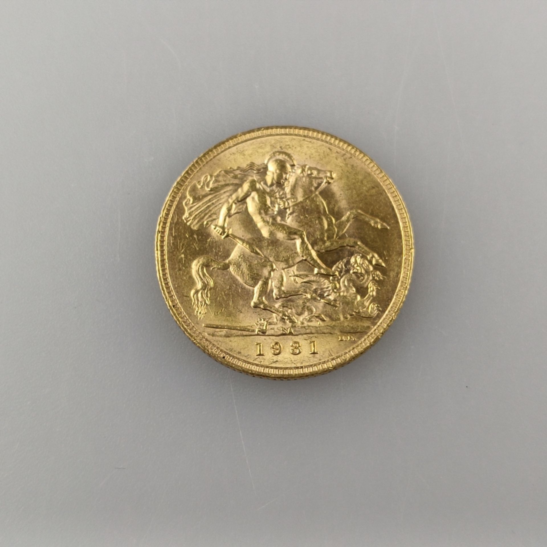 Goldmünze Sovereign 1931 - Großbritannien, George V., Revers: Hl. Georg als Drachentöter, gestempel - Bild 2 aus 3