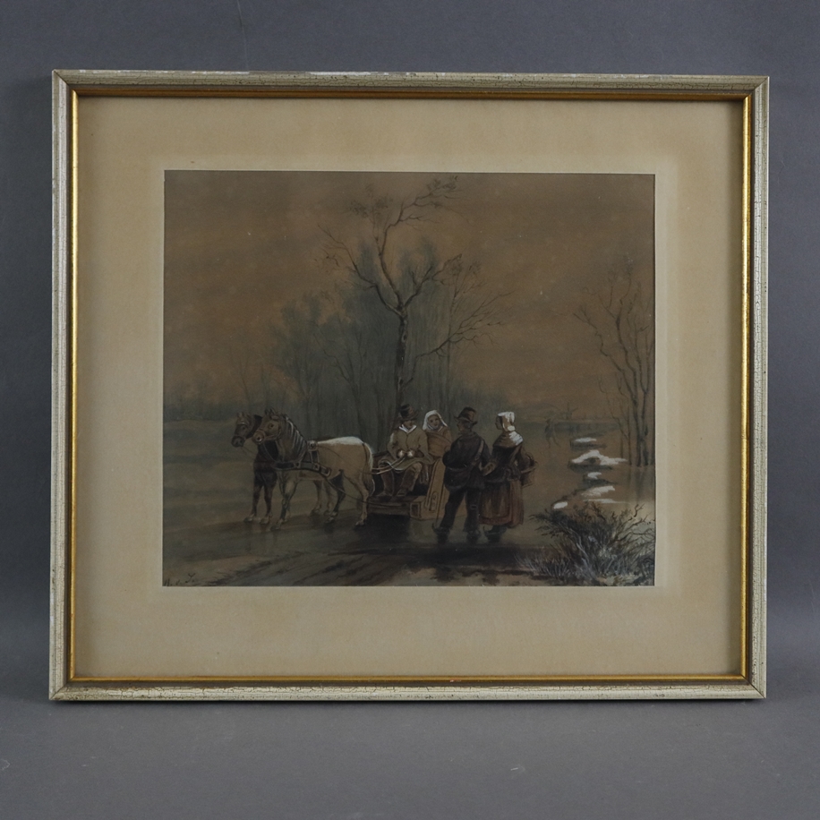 Unbekannte/r Künstler/in 1.Hälfte 20.Jh.- Holländische Winterlandschaft mit Pferdeschlitten und Fig - Image 2 of 6