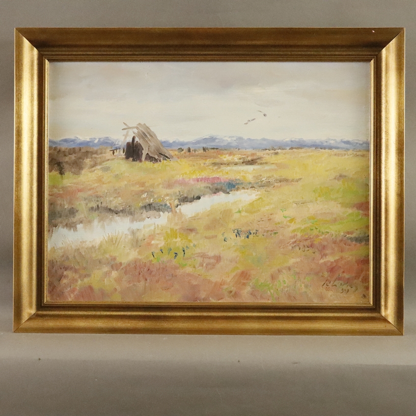 Unbekannte/r Künstler/in (20. Jh.) - Auenlandschaft mit Gebirgskette im Hintergrund, Öl auf Leinwan - Image 2 of 9
