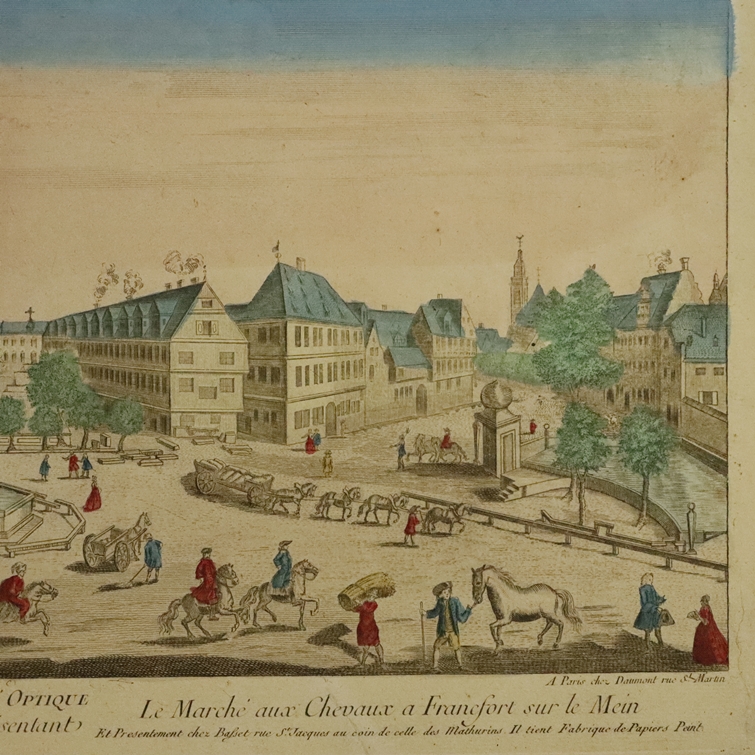 Zwei Guckkastenblätter - 1x Frankfurt am Main: Roßmarkt, kolorierter Kupferstich bei Daumont, Paris - Image 5 of 9