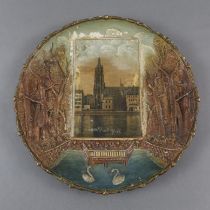 Antiker Souvenirteller "Frankfurt" - Sorau, Niederlausitz, Relief-Wandteller mit aufgeklebtem Frank