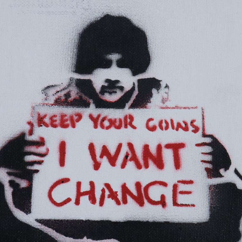 Banksy - "Dismal Canvas" mit Motiv "Keep Your Coins, I Want Change", 2015, Souvenir aus der Ausstel - Image 2 of 6