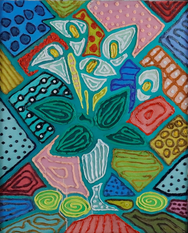 Unbekannte/r Künstler/in (XX/XIX) - Farbenfrohes Stillleben mit stilisierten Calla-Blüten, Acryl au