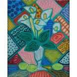 Unbekannte/r Künstler/in (XX/XIX) - Farbenfrohes Stillleben mit stilisierten Calla-Blüten, Acryl au
