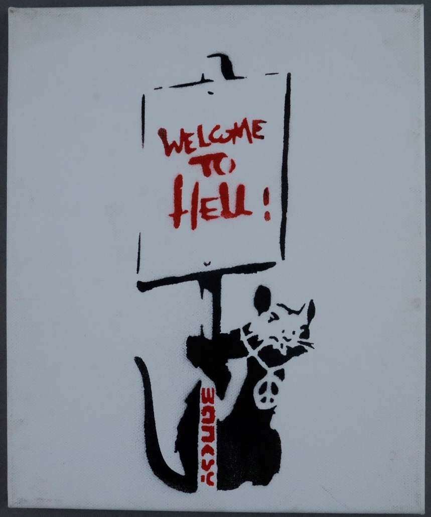 Banksy - "Dismal Canvas" mit Motiv "Welcome to Hell", 2015, Souvenir aus der Ausstellung "Dismaland