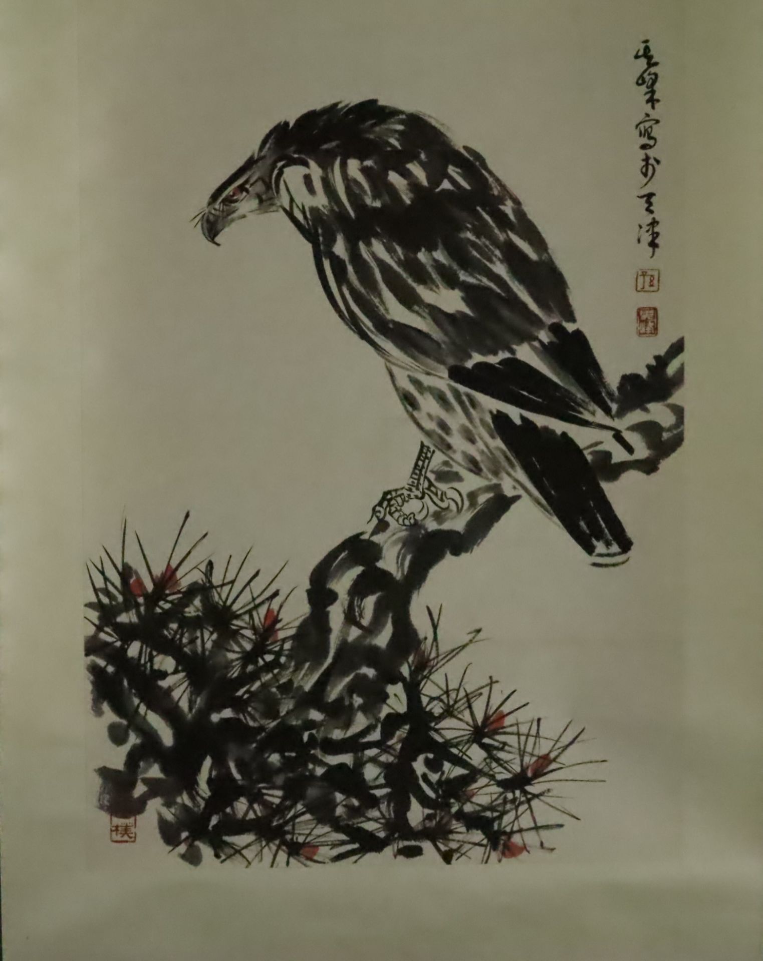 Chinesisches Rollbild - Adler, nach Sun Qifeng, Tusche und Farben auf Papier, in chinesischer Kalli