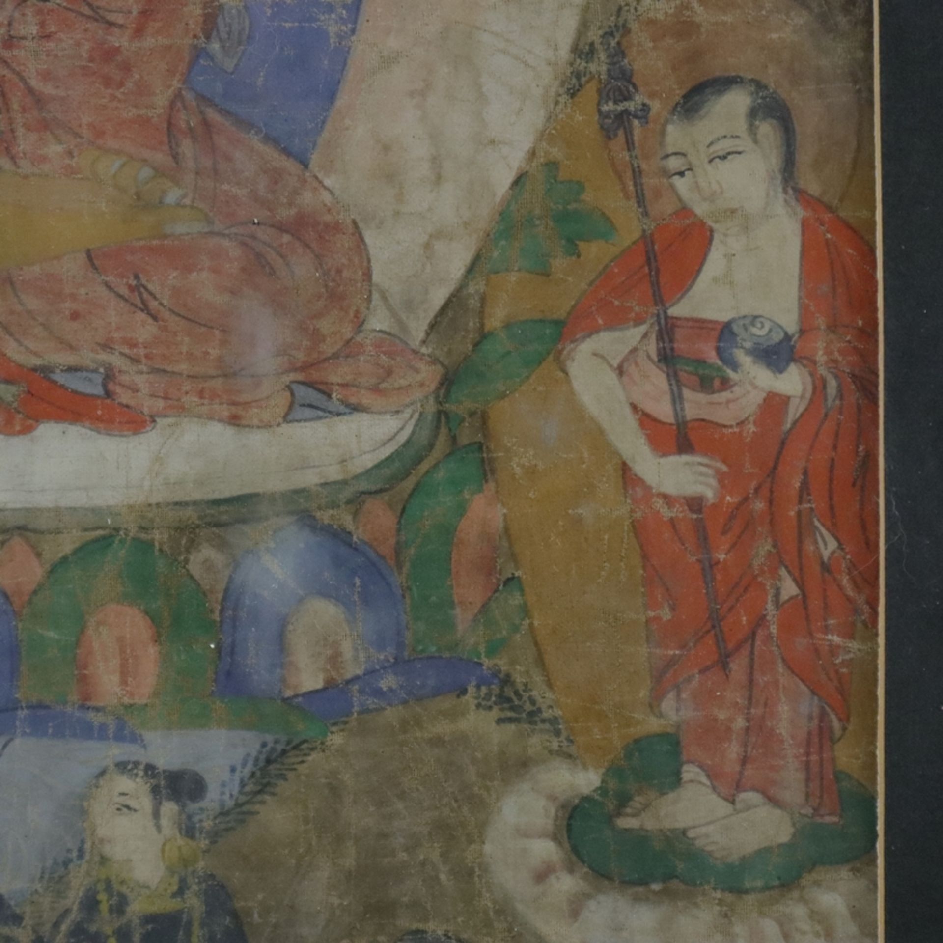 Thangka mit Buddha Shakyamuni - Tibet, 19.Jh., Gouache auf Leinwand, in der Mitte auf einem Lotosth - Bild 8 aus 12