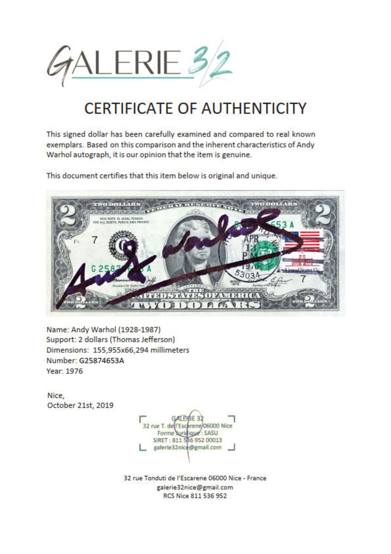 Warhol, Andy (1928 Pittsburgh - 1987 New York) - „Two Jefferson's Dollars“, 2 Dollarnote mit Signat - Bild 2 aus 3