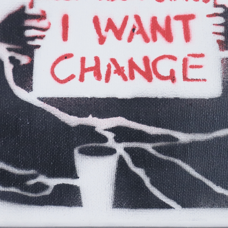 Banksy - "Dismal Canvas" mit Motiv "Keep Your Coins, I Want Change", 2015, Souvenir aus der Ausstel - Image 3 of 6