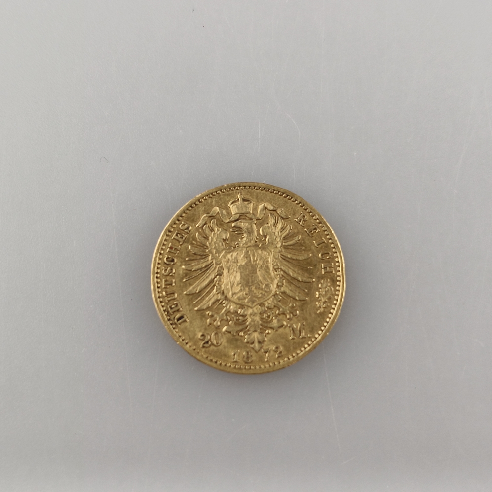 Goldmünze 20 Mark 1872- Deutsches Kaiserreich, Wilhelm II Deutscher Kaiser König v. Preußen, 900/00 - Image 2 of 3