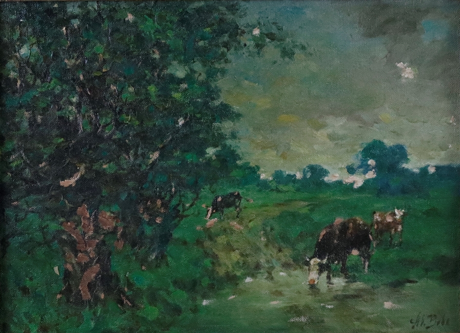 Bode, Adolf (1904 Offenbach - 1970 ebenda) - Expressive Sommerlandschaft mit Kühen an der Tränke, Ö