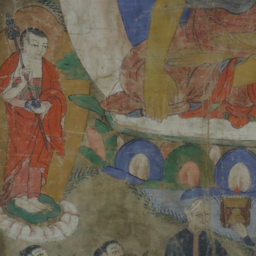 Thangka mit Buddha Shakyamuni - Tibet, 19.Jh., Gouache auf Leinwand, in der Mitte auf einem Lotosth - Image 7 of 12