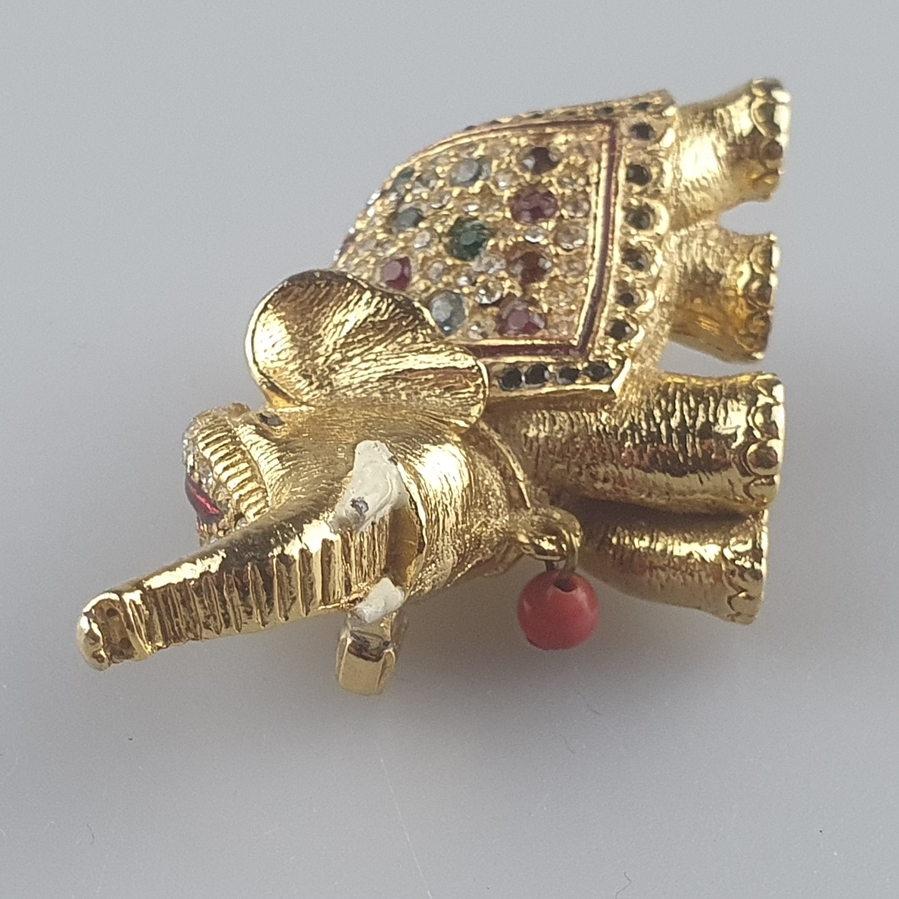Vintage-Brosche - Metall vergoldet, Elefant mit erhobenem Rüssel, Augen und Stoßzähne emailliert, S - Image 3 of 4