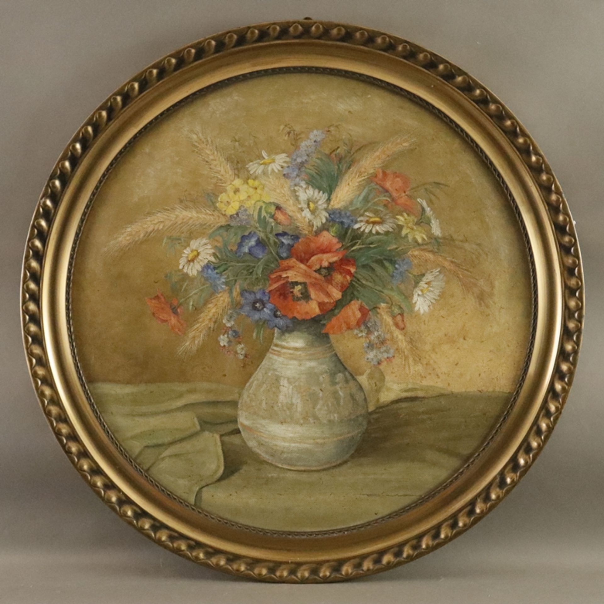 Piva, Franz - 1. H. 20. Jh.- Feldblumen in Vase, rechts unten signiert, Tondo: 70 x 70,5 cm, verso