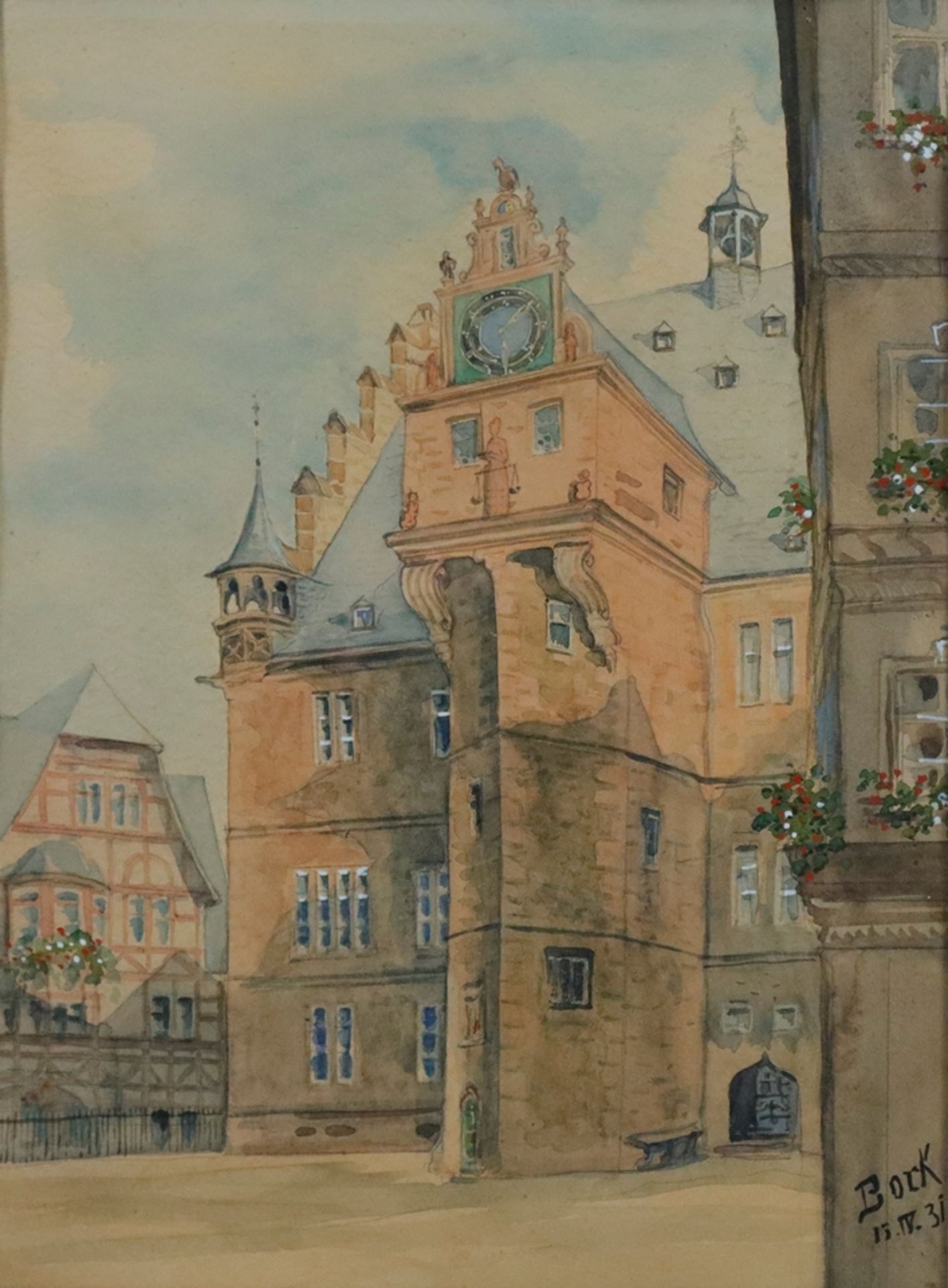 Bock (20. Jh.) - Blick auf das Marburger Rathaus, 1931, Aquarell, unten rechts signiert und datiert