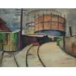 Adler, E. -20.Jh.- Industrielandschaft mit Werksbahn, Aquarell auf Papier, unten rechts signiert „E.