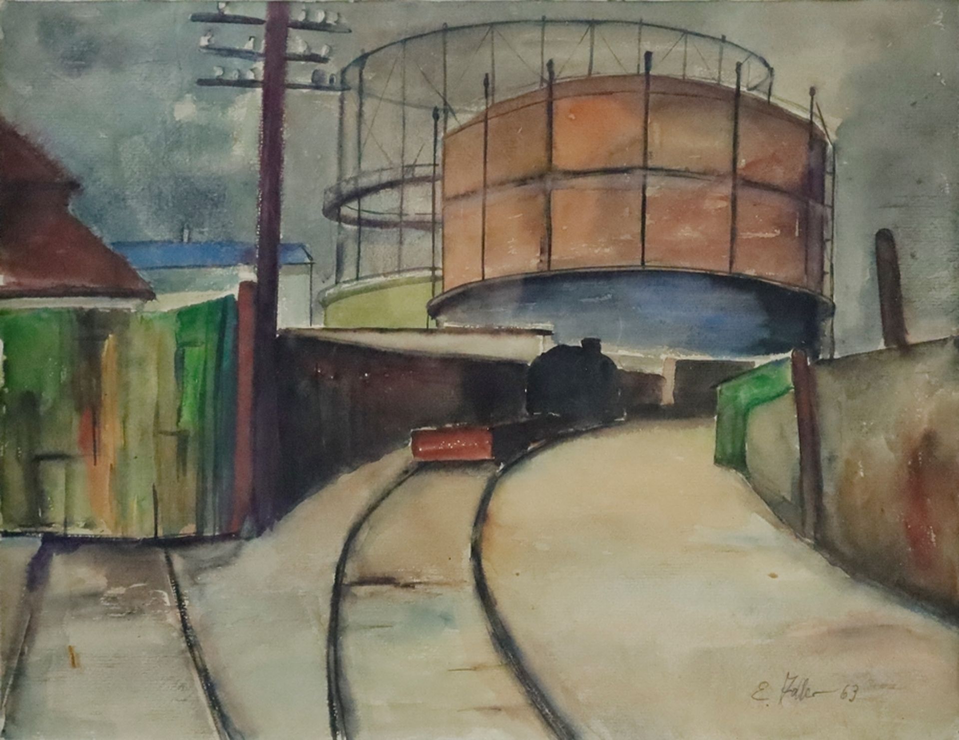 Adler, E. -20.Jh.- Industrielandschaft mit Werksbahn, Aquarell auf Papier, unten rechts signiert „E.