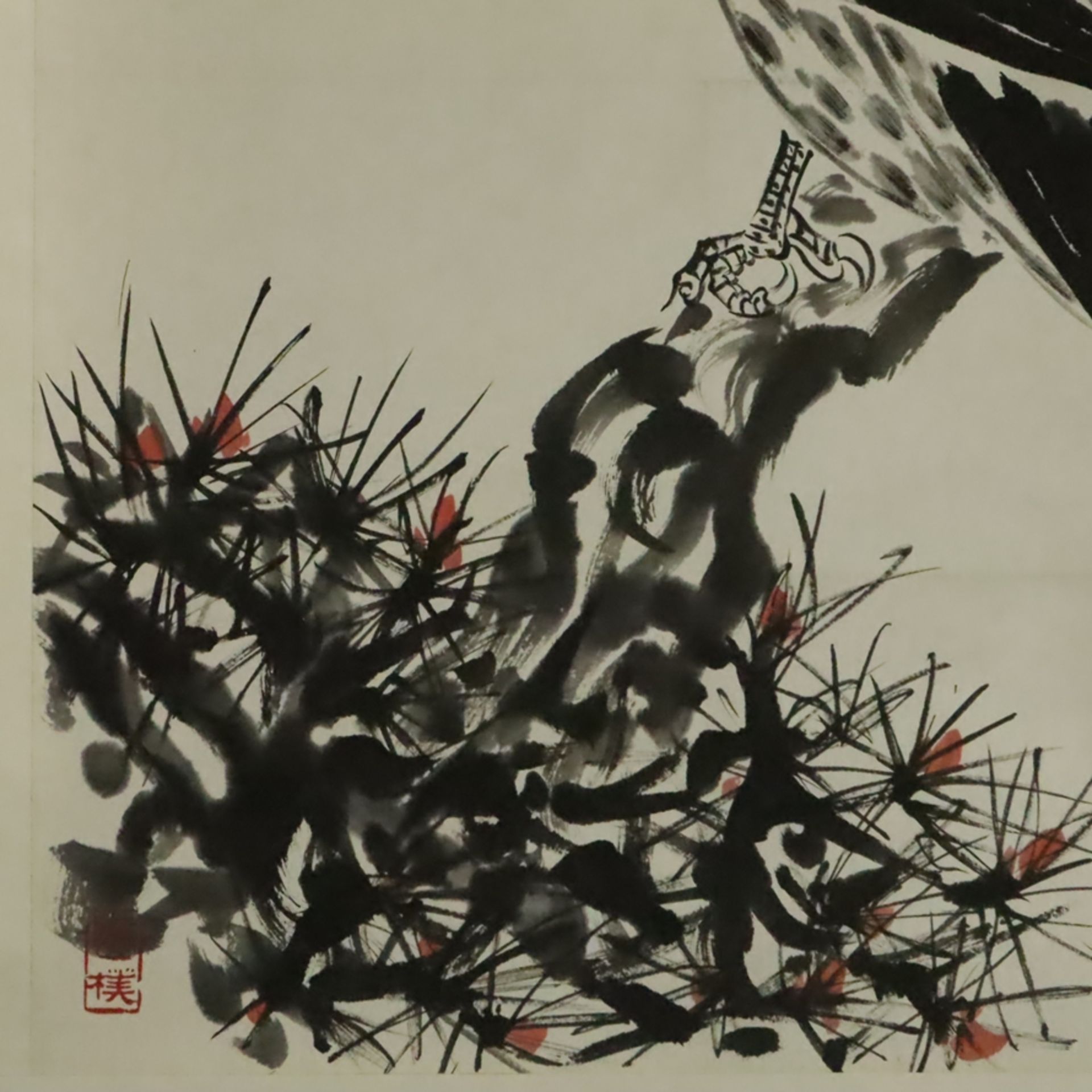 Chinesisches Rollbild - Adler, nach Sun Qifeng, Tusche und Farben auf Papier, in chinesischer Kalli - Image 4 of 8