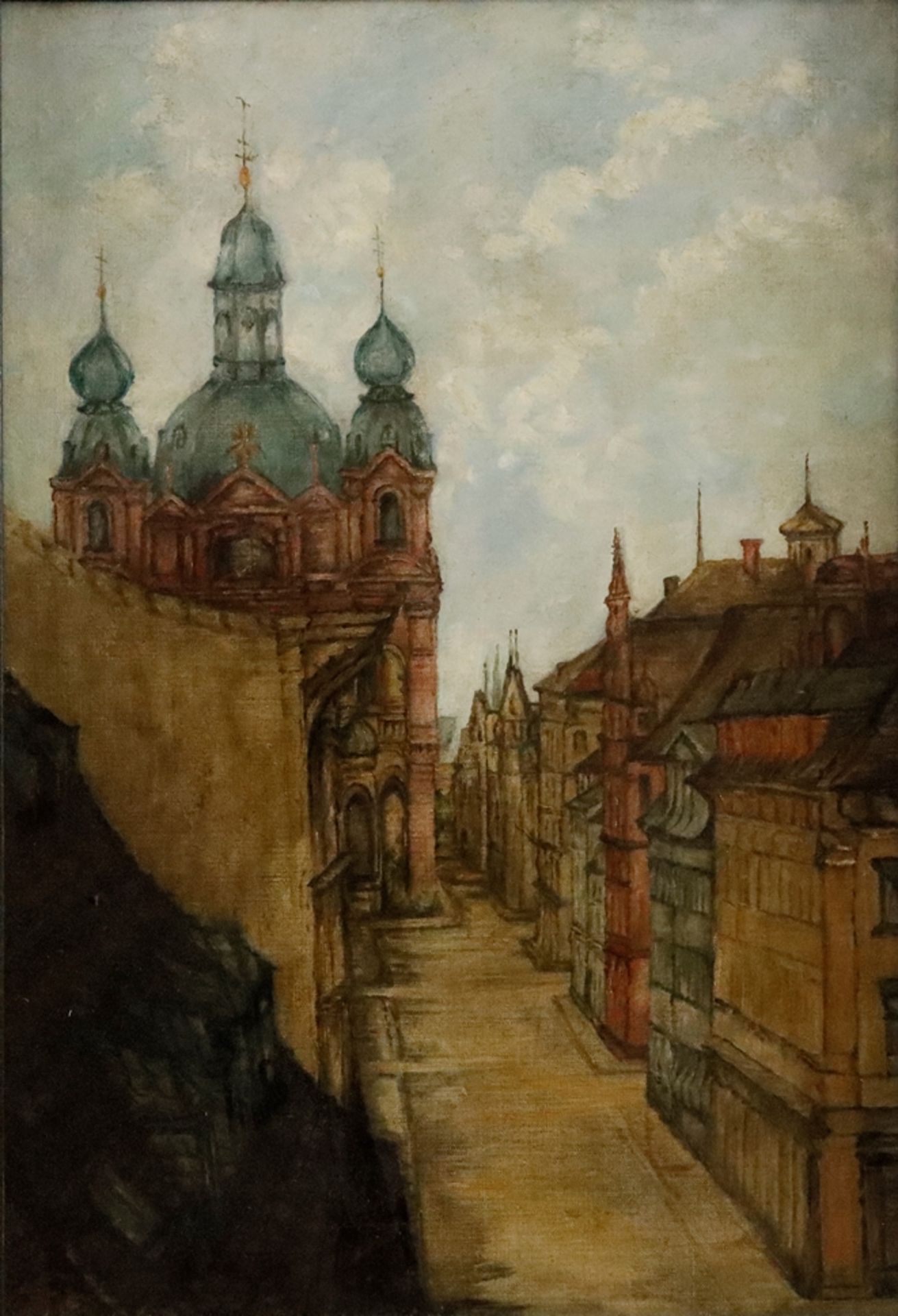 Unbekannte/r Künstler/in - 20. Jh.- Straßenzug mit Barockkirche aus der Vogelperspektive, 54 x 38 c