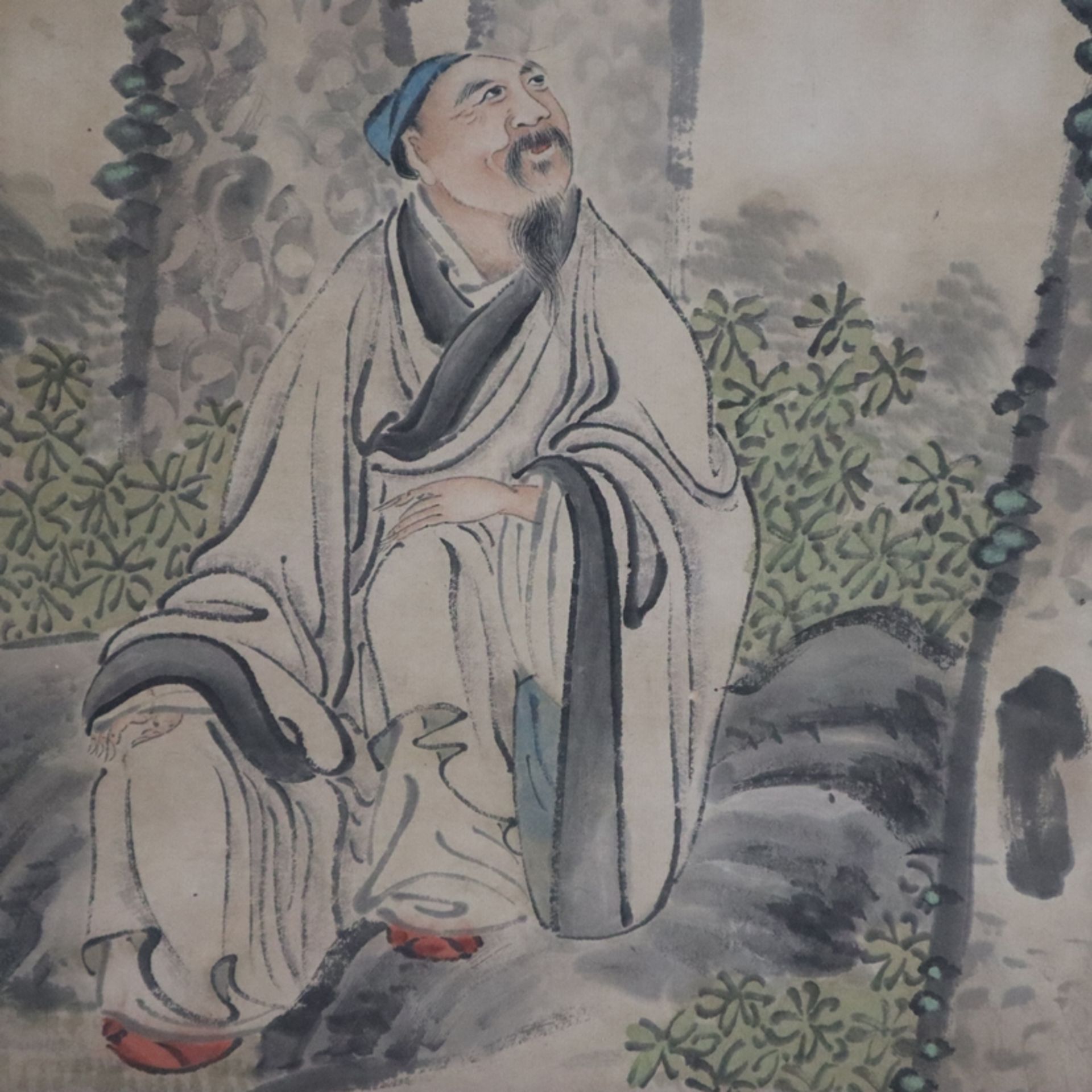 Chinesisches Rollbild - Gelehrter unter einem mächtigen Baum sitzend, Tusche und leichte Farben auf - Image 3 of 7