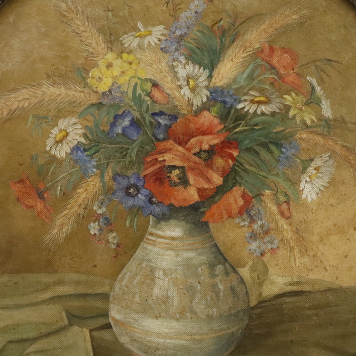 Piva, Franz - 1. H. 20. Jh.- Feldblumen in Vase, rechts unten signiert, Tondo: 70 x 70,5 cm, verso - Image 2 of 9