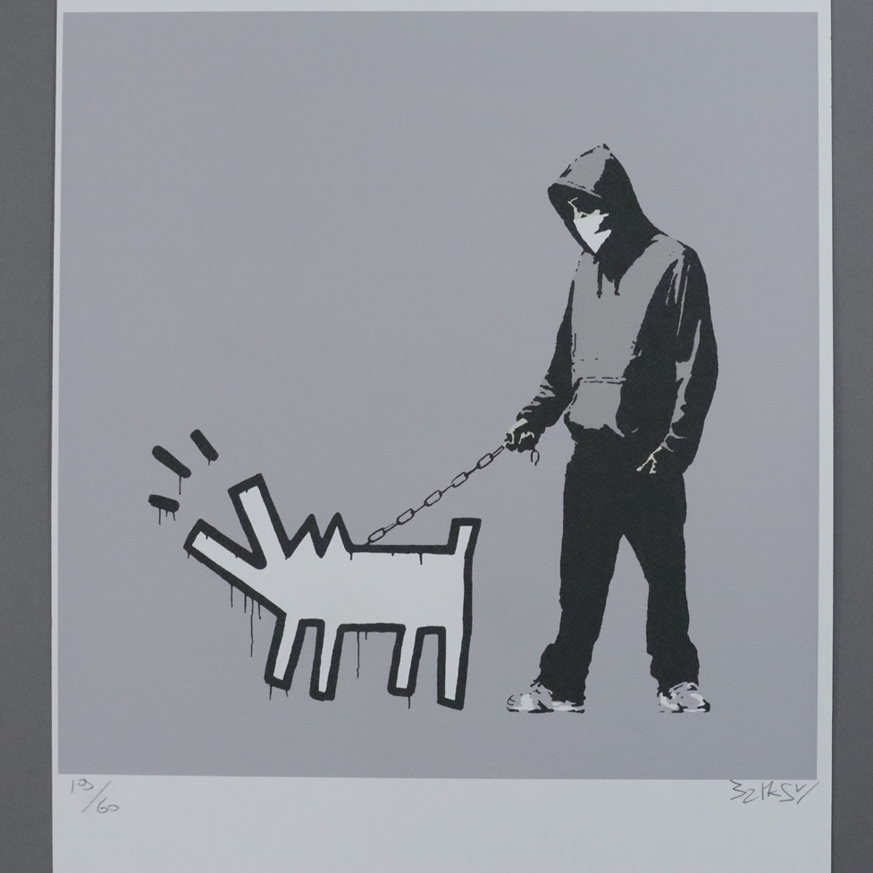 Banksy - "Haring dog", Farblithografie auf Bütten mit Blindstempel, unten rechts mit Signatur "Bank