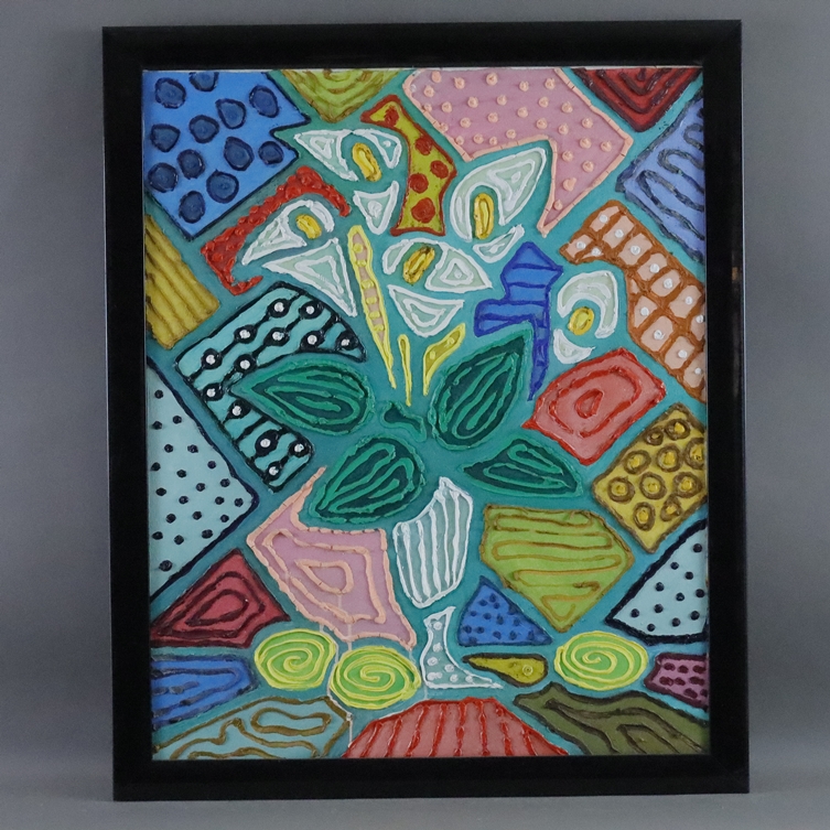 Unbekannte/r Künstler/in (XX/XIX) - Farbenfrohes Stillleben mit stilisierten Calla-Blüten, Acryl au - Image 2 of 7
