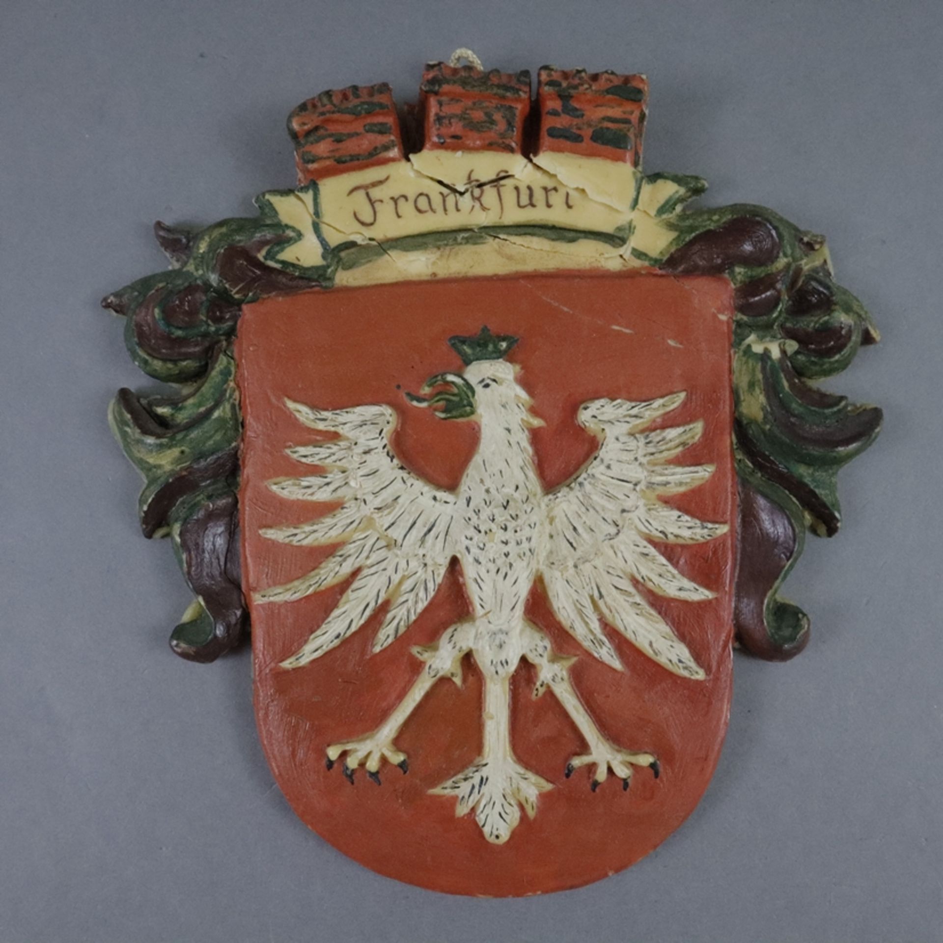 Konvolut Frankfurter Wappenbilder - 20. Jh., 2x Wachsrelief, ca. 25x22cm und 15,5x14,5cm (Randbesch - Image 3 of 6