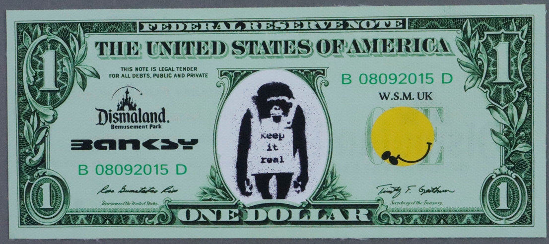 Banksy - "Dismal 1 Dollar Canvas" mit "Keep it real"-Motiv, 2015, Souvenir aus der Ausstellung "Dis