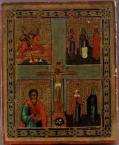 Vierfeldikone mit der Kreuzigung Christi - Russland, 19. Jh., Eitempera und Gold über Kreide auf Ho