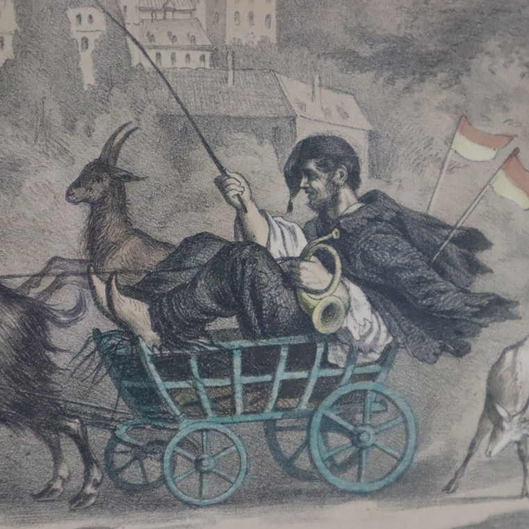 Karikaturist (19.Jh.) - Deutscher Michel, einen Ziegenkarren durch einen Schlosspark lenkend, Litho - Image 3 of 6