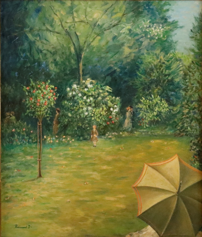 Raimond, D. -spätes 20.Jh.- Frühlingsidylle im Park, Öl auf Hartfaser, ca. 70 x 60 cm, links unten