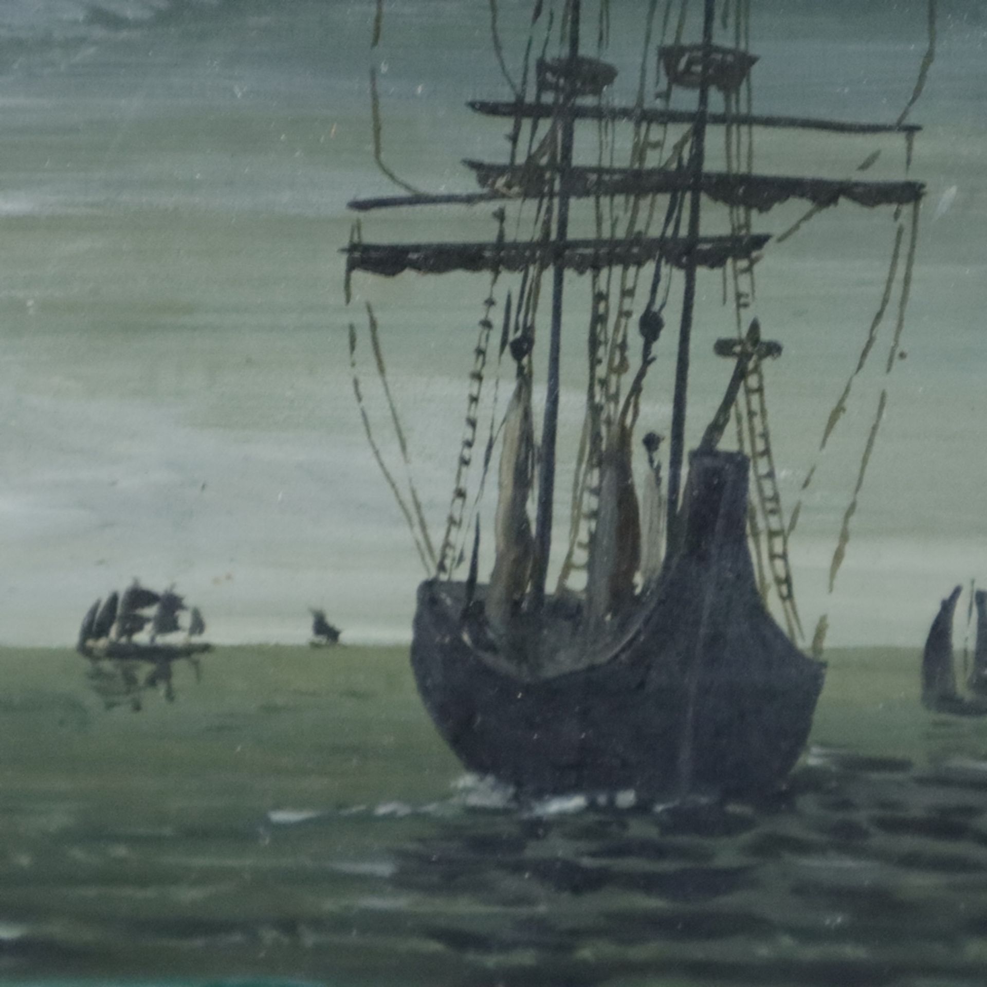 Moravec, E.(?) -20.Jh.- Segelschiffe vor Küstenstreifen bei Nachtanbruch, Aquarell und Gouache auf  - Bild 4 aus 6