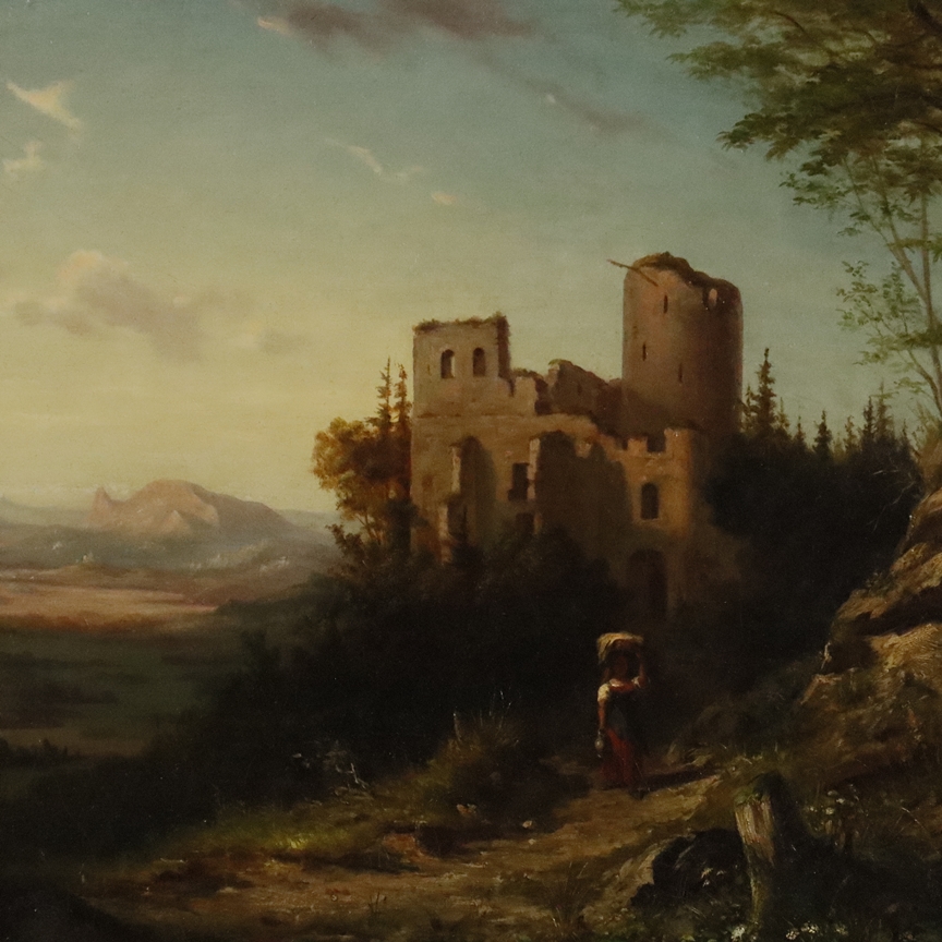 Monogrammist "AR" (19. Jh.) - Romantische Landschaft mit Bäuerin vor einer Burgruine, Öl auf Leinwa - Image 3 of 9