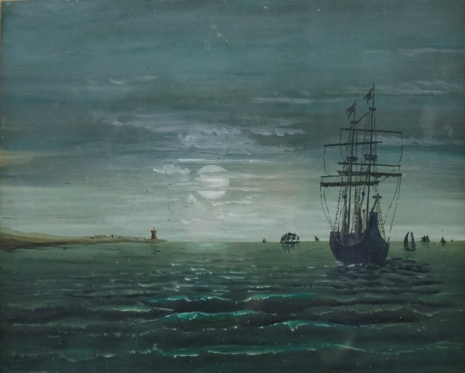 Moravec, E.(?) -20.Jh.- Segelschiffe vor Küstenstreifen bei Nachtanbruch, Aquarell und Gouache auf