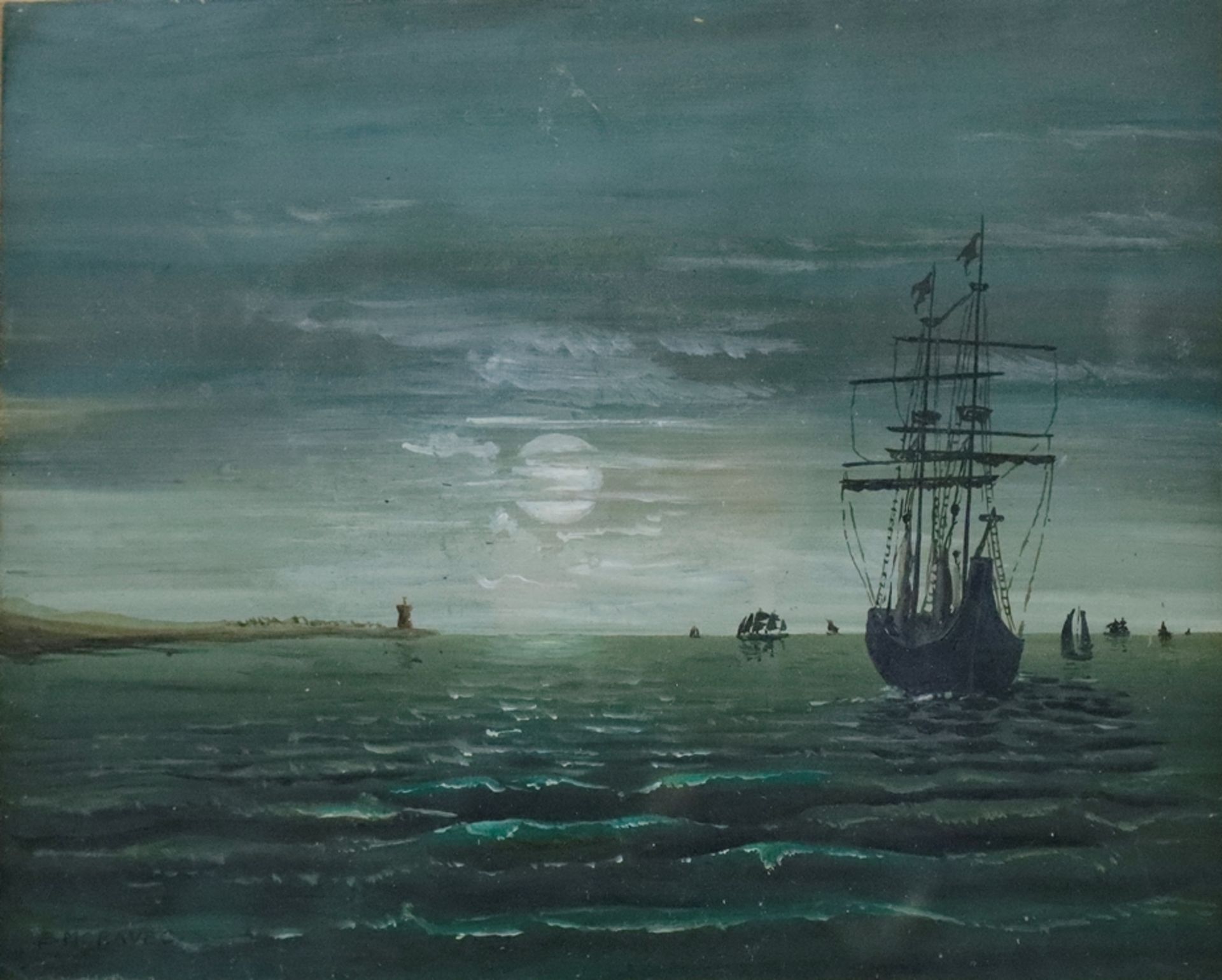 Moravec, E.(?) -20.Jh.- Segelschiffe vor Küstenstreifen bei Nachtanbruch, Aquarell und Gouache auf 