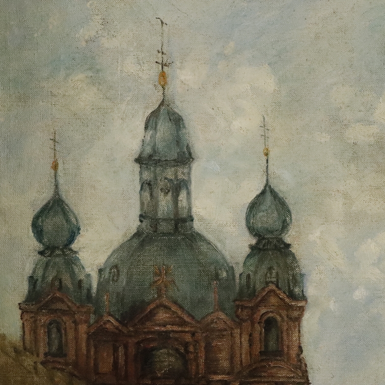 Unbekannte/r Künstler/in - 20. Jh.- Straßenzug mit Barockkirche aus der Vogelperspektive, 54 x 38 c - Image 7 of 8