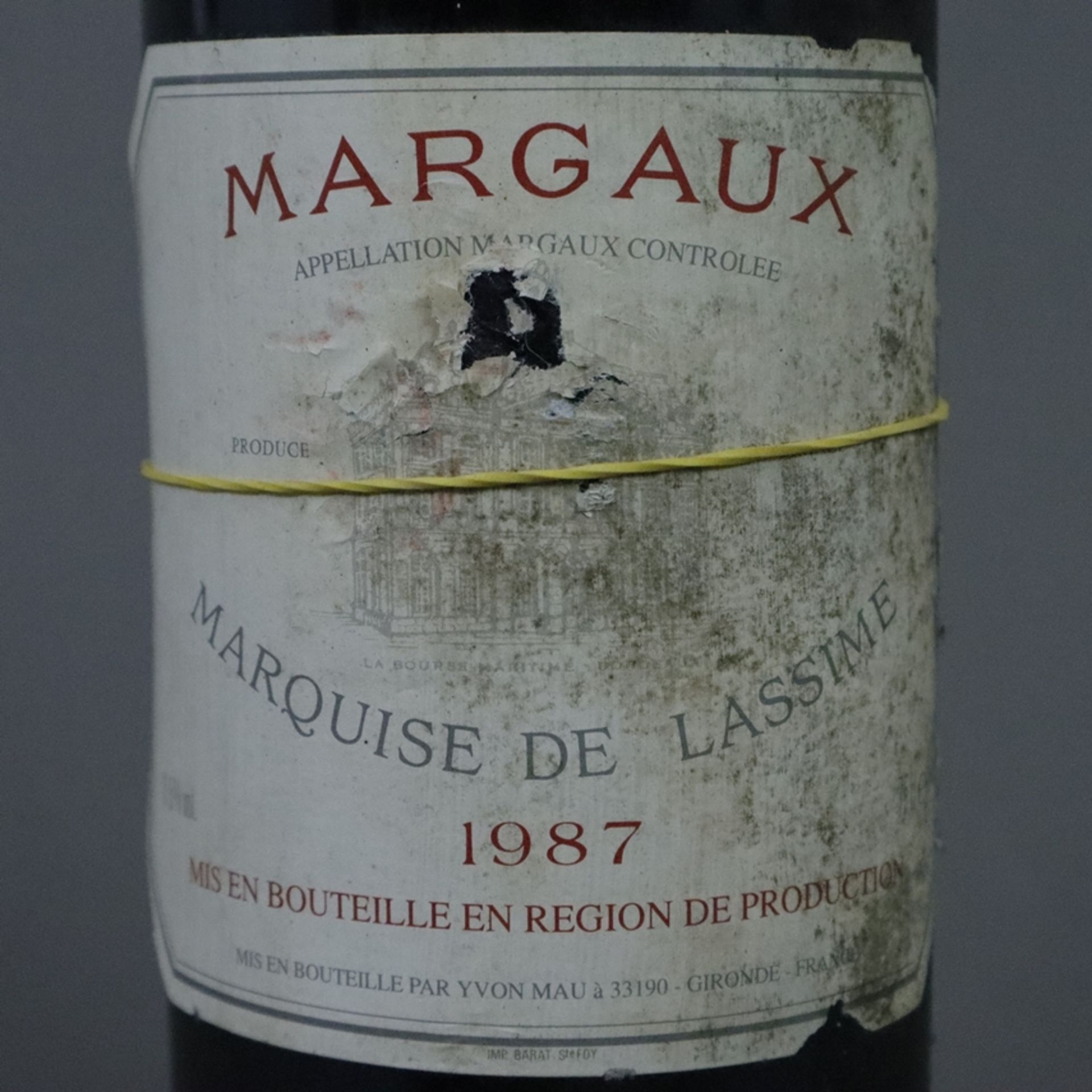 Weinkonvolut - 3 Flaschen 1987 Margaux, Marquise de Lassime, France, 75 cl, Füllstand: Top Shoulder - Bild 4 aus 7