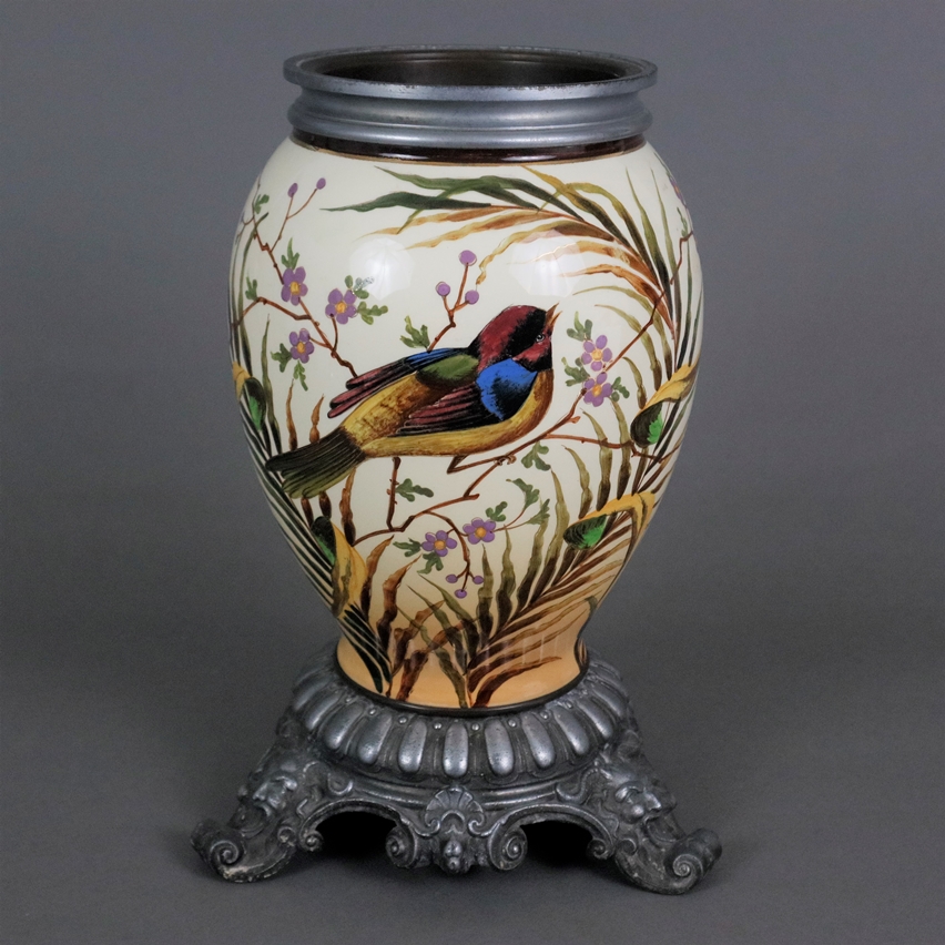 Jugendstil-Blumengefäß - um 1900/Anfang 20. Jh., Keramikkorpus, farbig und gold bemalt mit Vogeldek