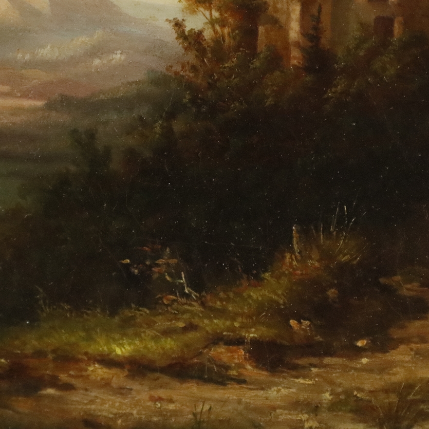 Monogrammist "AR" (19. Jh.) - Romantische Landschaft mit Bäuerin vor einer Burgruine, Öl auf Leinwa - Image 8 of 9