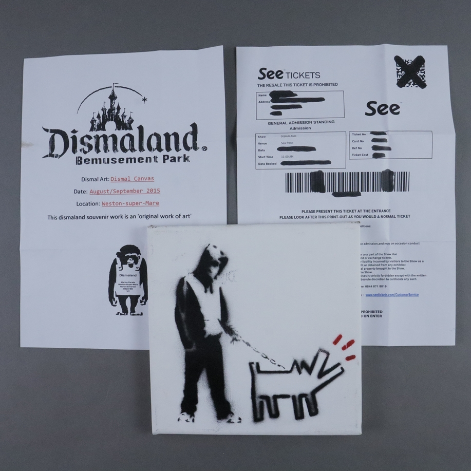 Banksy - "Dismal Canvas" mit Motiv "Haring Dog", 2015, Souvenir aus der Ausstellung "Dismaland" in - Image 5 of 5