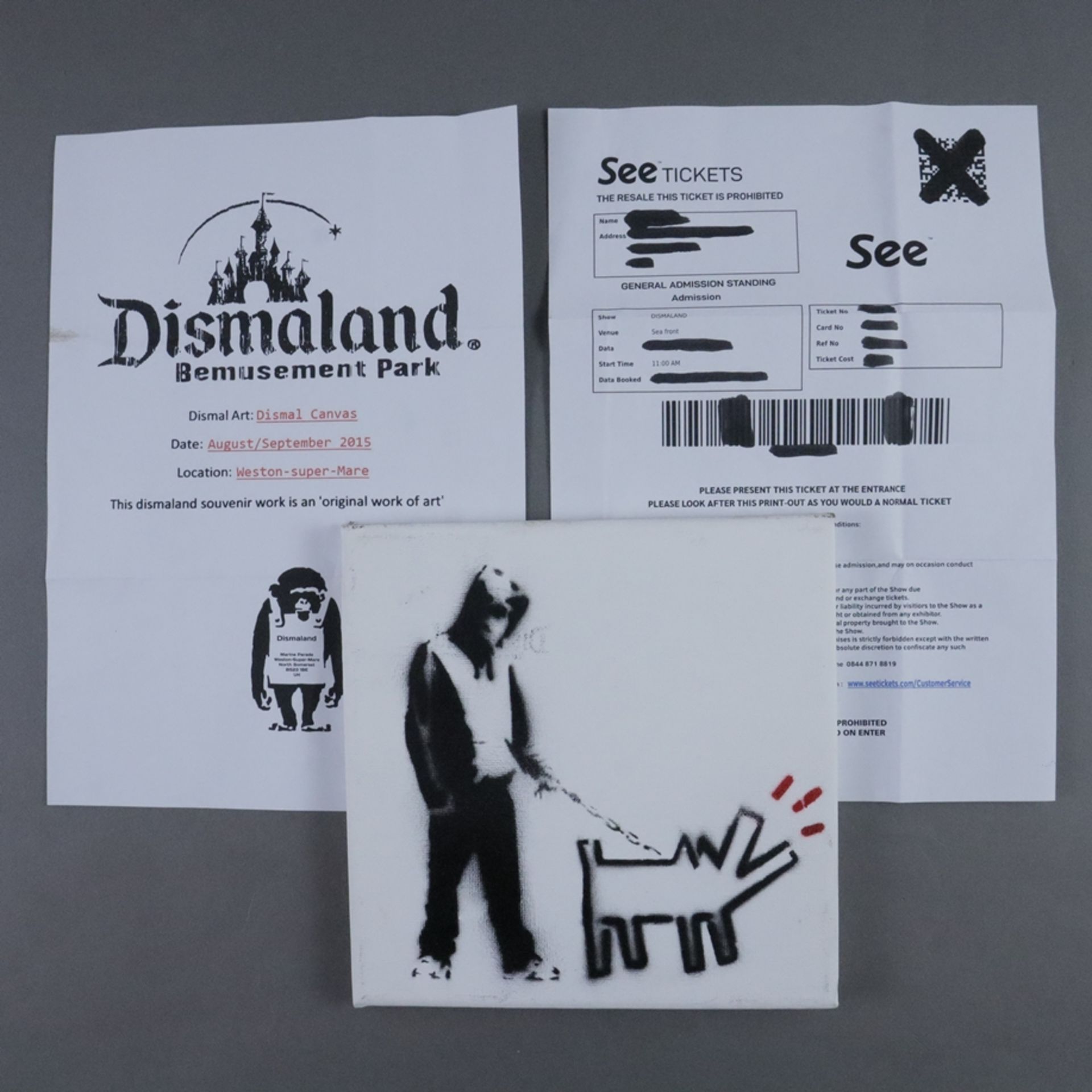 Banksy - "Dismal Canvas" mit Motiv "Haring Dog", 2015, Souvenir aus der Ausstellung "Dismaland" in  - Bild 5 aus 5