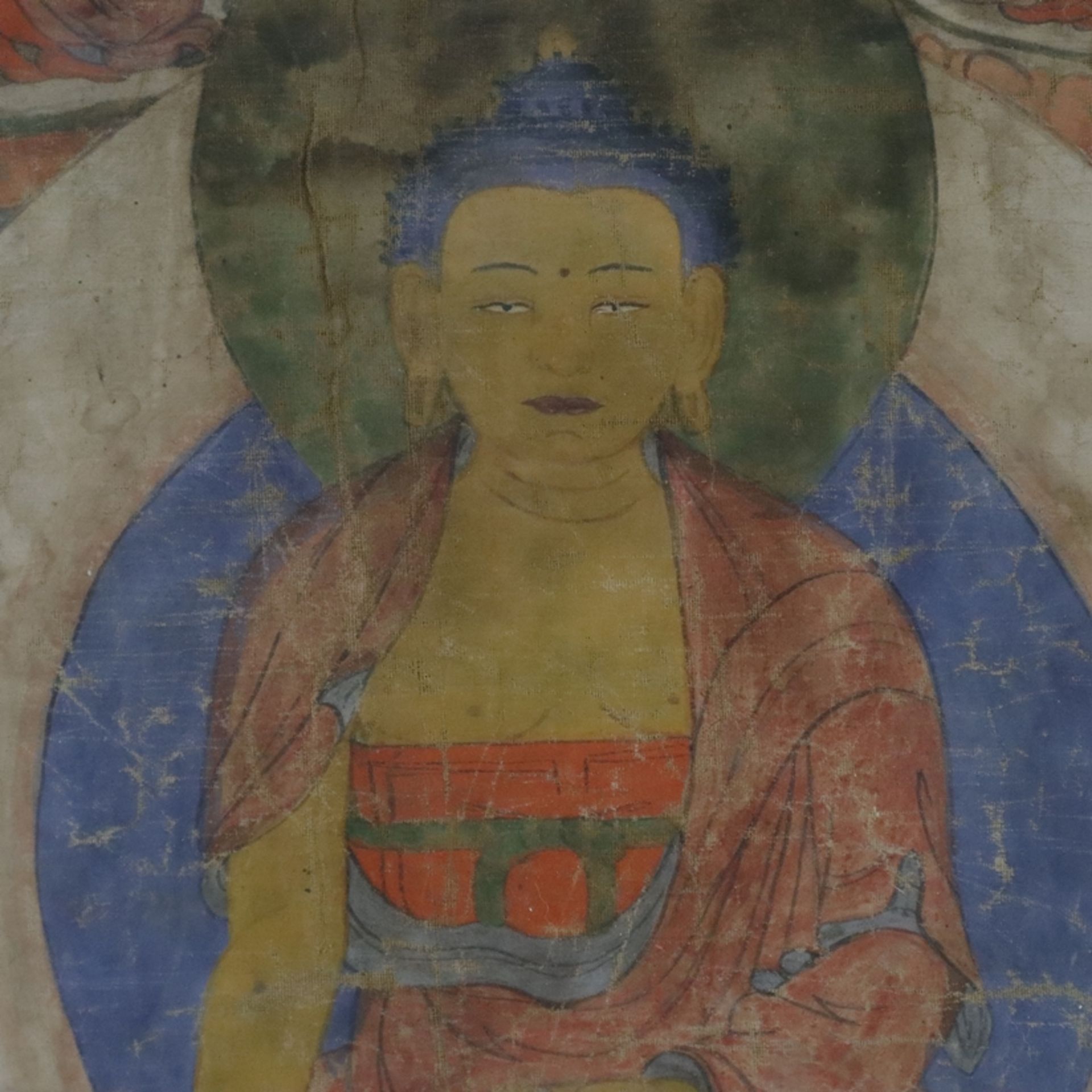 Thangka mit Buddha Shakyamuni - Tibet, 19.Jh., Gouache auf Leinwand, in der Mitte auf einem Lotosth - Bild 4 aus 12