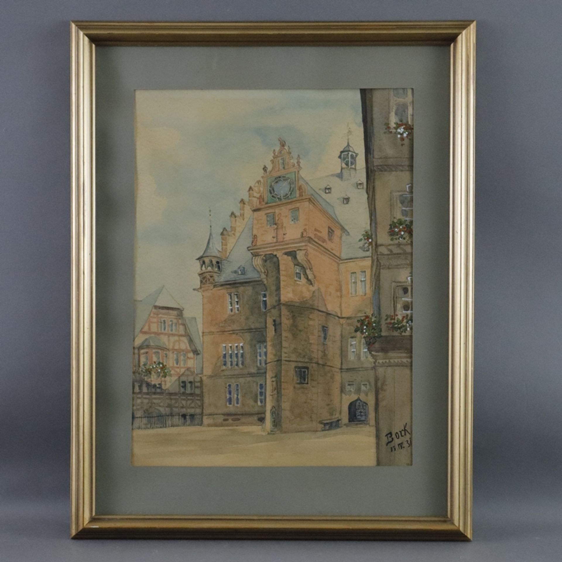 Bock (20. Jh.) - Blick auf das Marburger Rathaus, 1931, Aquarell, unten rechts signiert und datiert - Bild 2 aus 6